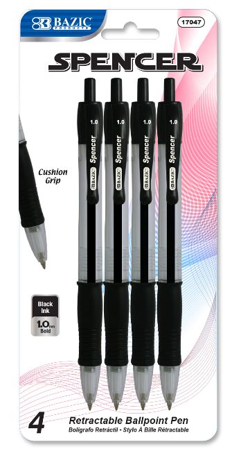 Dis-17047 - BAZIC SPENCER BLACK RETRACTABLE PEN W/ CUSHION GRIP 24/cs