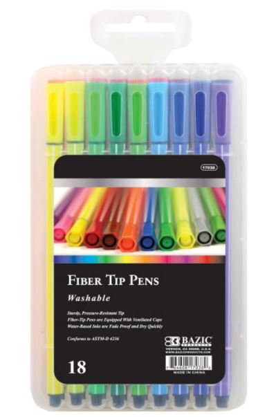 D-17038 BAZ IC 18 COLOR WASHABLE FIBER TIP PEN 24/cs