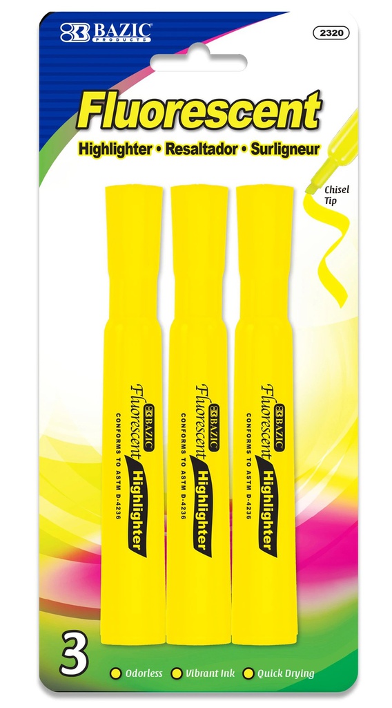 2320-BAZIC Yellow Desk Style Fluorescent Highlighters (3/Pac