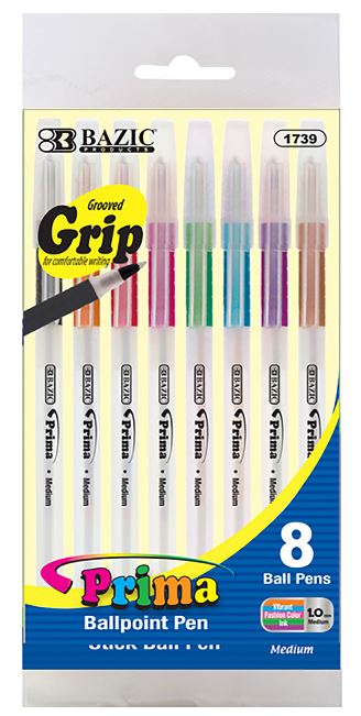 1739-BAZIC 8 COLOR PRIMA STICK PEN W/ CUSHION GRIP 24/cs