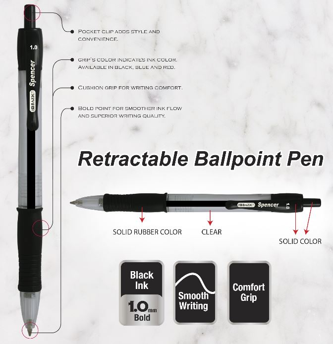 17047 - BAZIC SPENCER BLACK RETRACTABLE PEN W/ CUSHION GRIP