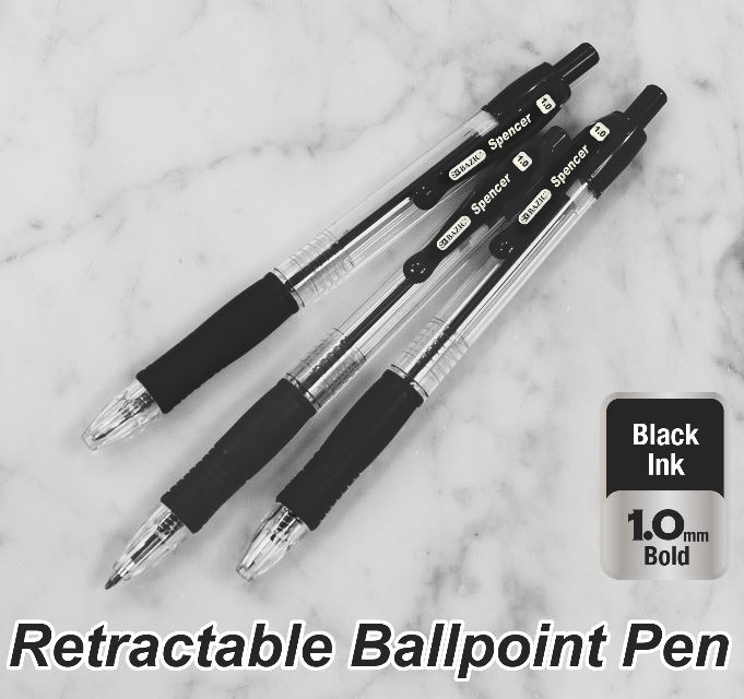 17047 - BAZIC SPENCER BLACK RETRACTABLE PEN W/ CUSHION GRIP