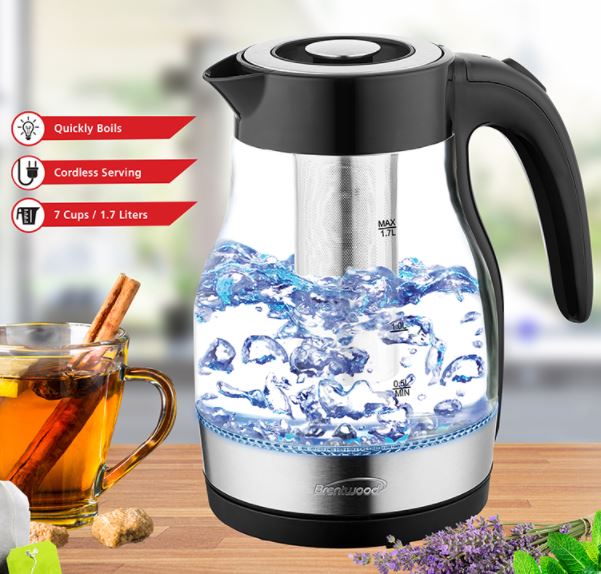 KT-1962BK  1.9QT GLASS KETTLE WITH TEA INFUSER BLK 6/C