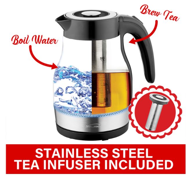 KT-1962BK  1.9QT GLASS KETTLE WITH TEA INFUSER BLK 6/C