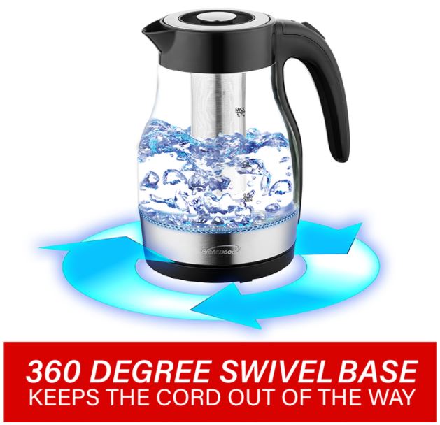 KT-1962BK  1.9QT GLASS KETTLE WITH TEA INFUSER BLK 6/C