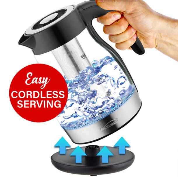 KT-1962BK  1.9QT GLASS KETTLE WITH TEA INFUSER BLK 6/C