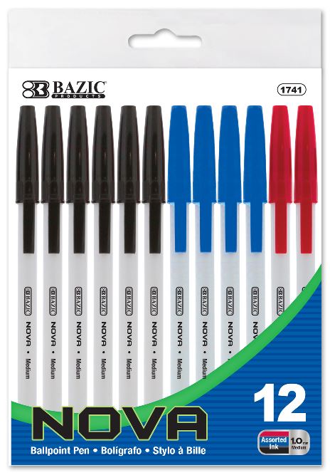 1741 - BAZIC NOVA ASSORTED COLOR STICK PEN (12/PACK) 24/cs