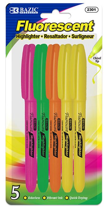 2301-BAZIC PEN STYLE FLOURESCENT HIGHLIGHTERS W/ POCKET CL 5pk 24/IC 144/C