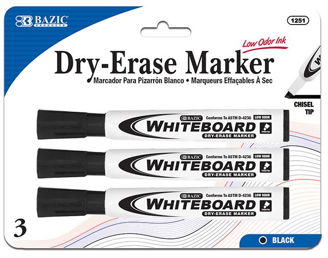 1251-BAZIC Dry Erase Marker 3/pk Black Chisel Tip 24IC/144C