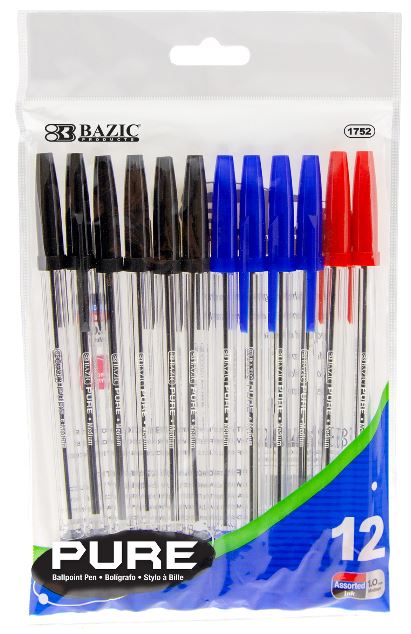 1752 - BAZIC PURE ASSORTED COLOR STICK PEN (12/PACK 24/cs