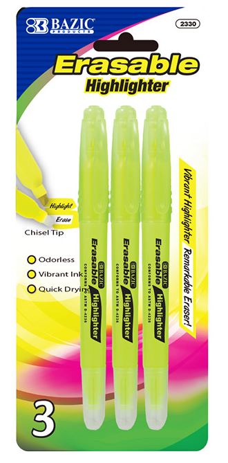 2330 - BAZIC ERASABLE HIGHLIGHTER (3/PACK)