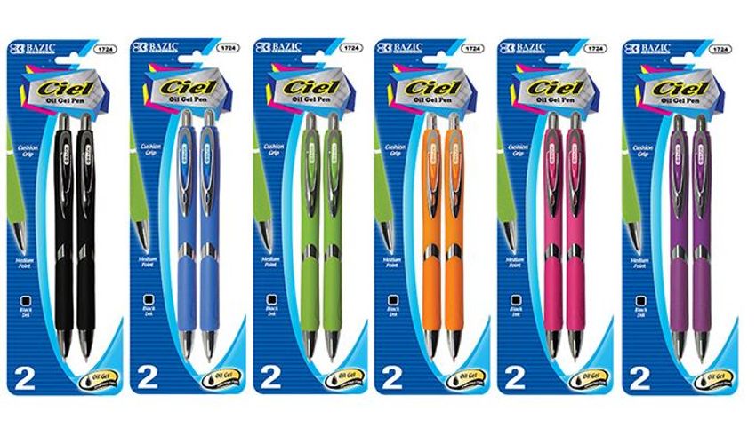 1724-BAZIC CIEL OIL GEL INK RETRACTABLE PEN w/ RUBBERIZED BARREL & METAL CLIP (2PK) 24/cs