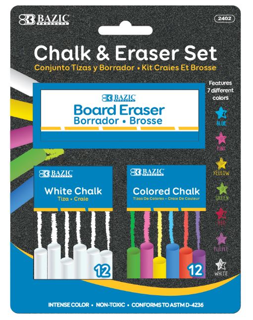 2402-24 BAZIC 12 Color & 12 White Chalk w/ Eraser Set