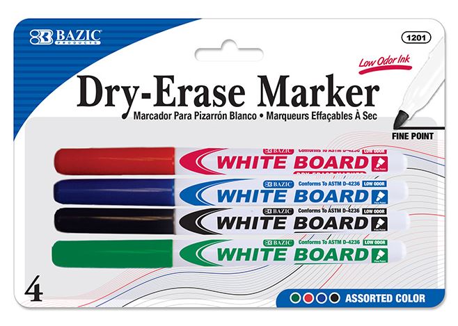 1201-BAZIC Dry Erase Marker 4/pk Asst. Color Fine Tip 24/cs