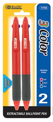 D-1749-24  BAZIC Transparent 3-Color Pen w/ Cushion Grip (2/Pa