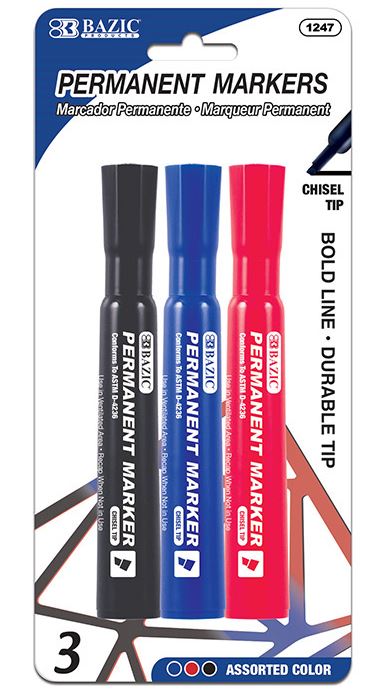 1247-BAZIC Asst. Color Chisel Tip Desk Style Permanent 3/pk, 24/cs