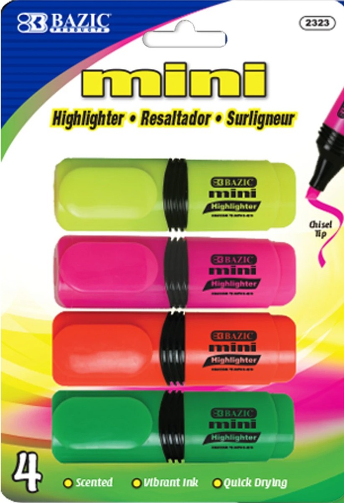 2323-24  BAZIC Mini Desk Style Fluorescent Highlighters 4PK 24IC/144C 