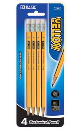 729-24  BAZIC Yellow 0.9mm Mechanical Pencil (4/Pack)