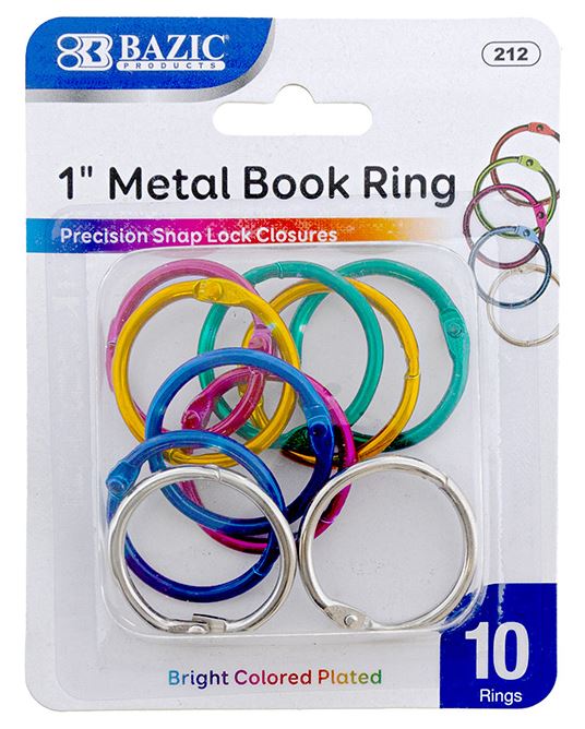 212-BAZIC 1 Assorted Color Metal Book Rings (10/Pack) 24/IC 144/C