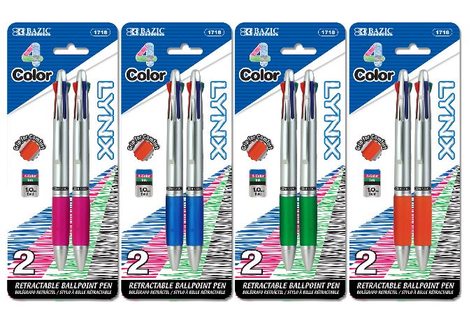 1718-BAZIC Silver Top 4-Color Pen w/ Cushion Grip (2/Pack) 24/IC 144/C