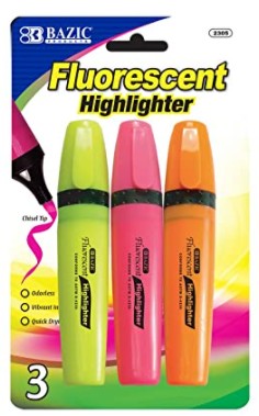 D-2305-BAZIC Fluorescent Highlighters w/ Pocket Clip (3/Pack)