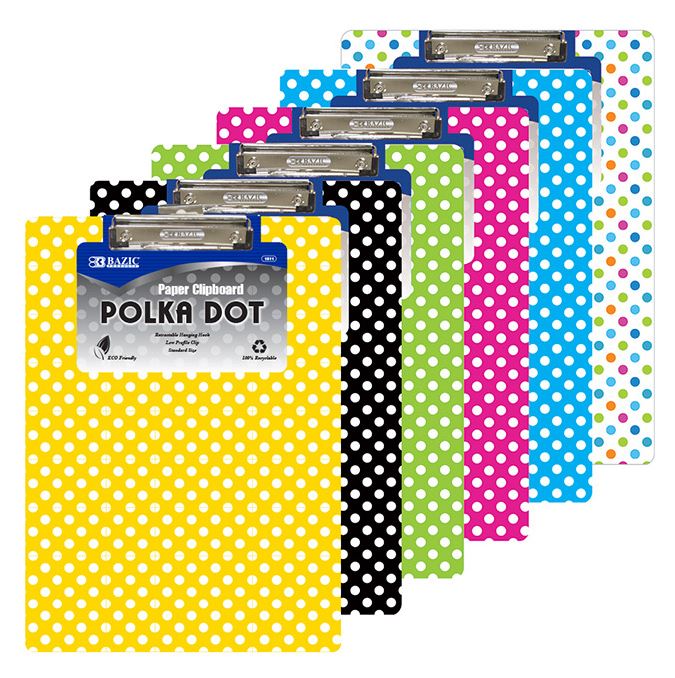 1812-BAZIC Standard Size Polka Dot Paperboard Clipboard w/ Low Profile Clip 48/cs