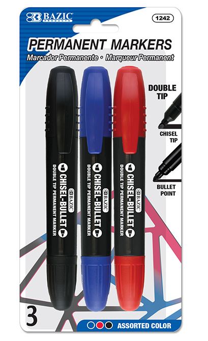 1242-BAZIC Asst. Color Double-Tip Permanent Marker (3/Pack) 24/cs