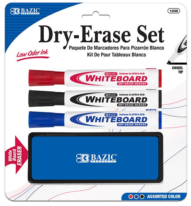 1208-BAZIC Dry Erase Marker w/ Eraser 3/pk Asst. Color Chisel Tip 24/cs