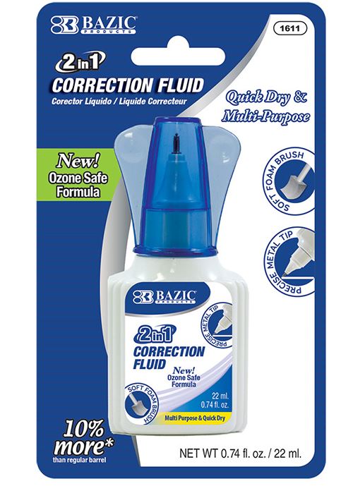 1611-BAZIC 22ml 2 in 1 Correction w/ Foam Brush Applicator & Pen Tip 24/cs
