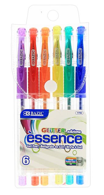 1796-BAZIC 6 Glitter Color Essence Gel Pen w/ Cushion Grip 24/C *