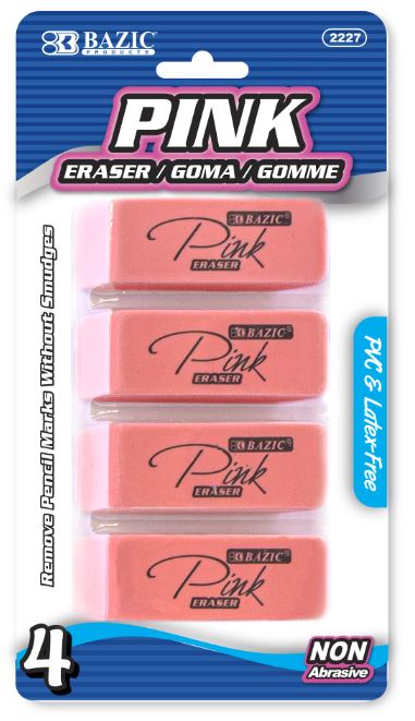2227-BAZIC PINK BEVEL ERASER (4/pk) 24/IC 72/C