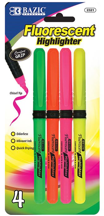 2321-BAZIC Pen Style Fluorescent Highlighters w/ Cushion Grip 4/pk 24IC/144C