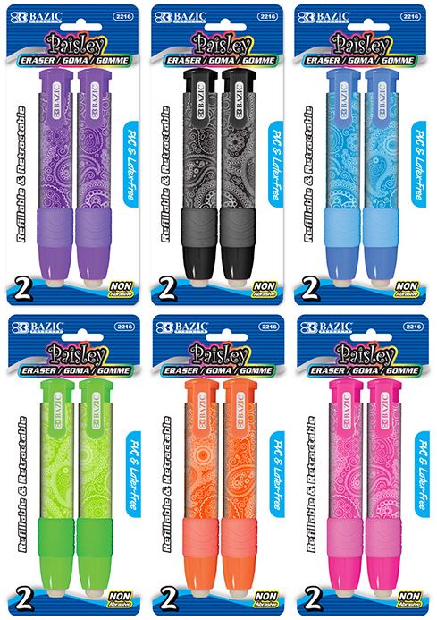 2216-BAZIC Paisley Retractable Stick Erasers (2/Pack) 24/IC 144/C *