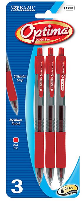 1793-BAZIC Optima Red Oil-Gel Ink Retractable Pen w/ Grip (3/pack) 24/IC 144/C