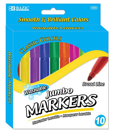 1223-BAZIC 10 Classic Colors Broad Washable Jumbo Markers 24/cs