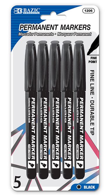 1206-BAZIC Black Fine Tip Permanent Markers w/ Pocket Clip (5/pack) 24/cs