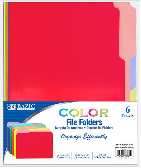 3109-BAZIC 1/3 Cut Letter Size Color File Folder (6/Pack)