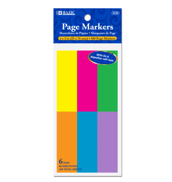 5142-BAZIC 80 Ct. 1 X 3 Neon Page Markers (6/Pack) 24/IC 144/C *