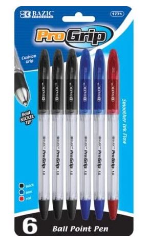 D-1771-BAZIC Progrip Assorted Color Stick Pen w/ Grip (6/Pack)