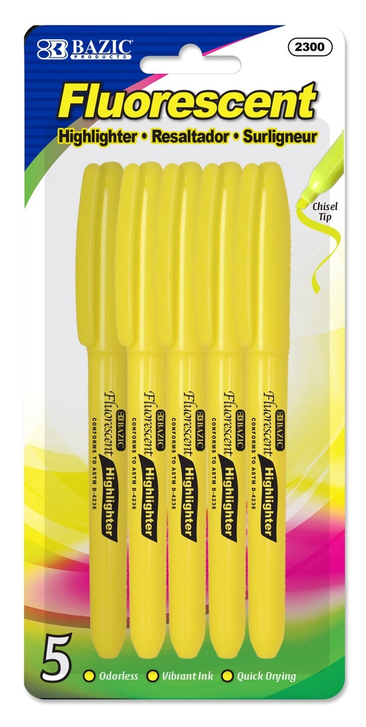 2300-BAZIC Yellow Pen Style Fluorescent Highlighter w/ Pocke 24/IC 144/C