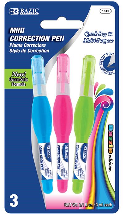1615-BAZIC 3 mL Metal Tip Mini Correction Pen (3/Pack) 24/cs