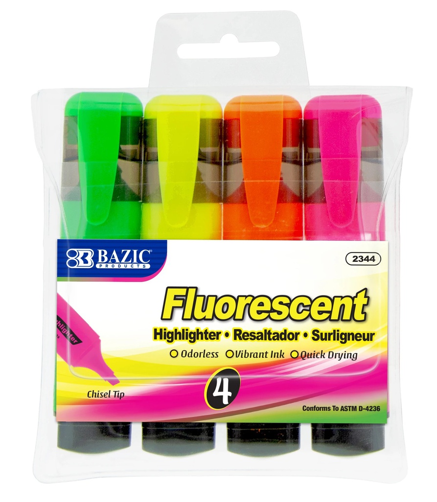 2344-BAZIC Fluorescent Highlighters w/ Pocket Clip (4/Pack) 24/IC 144/C