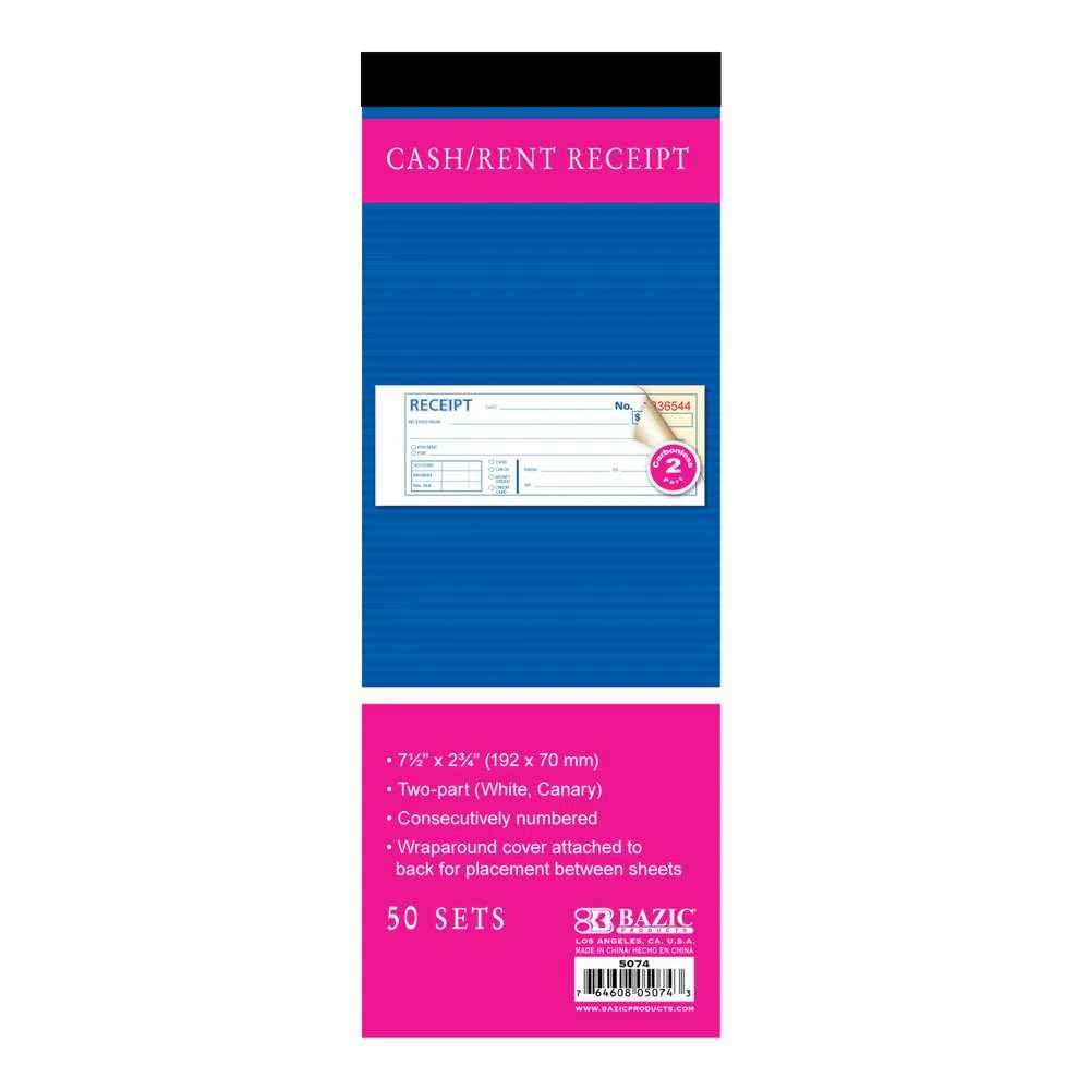 5074-BAZIC 50 SETS 7 1/2'' x 2 3/4'' 2 PRT RENT RECEIPT BOOK