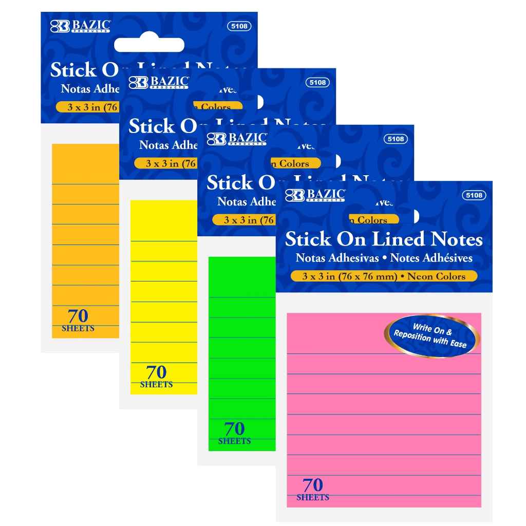 5108-BAZIC 70CT. 3x3'' NEON LINED STICK ON NOTES 24/IC 288/C *