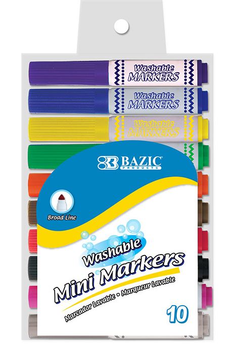 1220-BAZIC 10 COLOR BROAD LINE MINI WASHABLE MARKERS 24/BOX