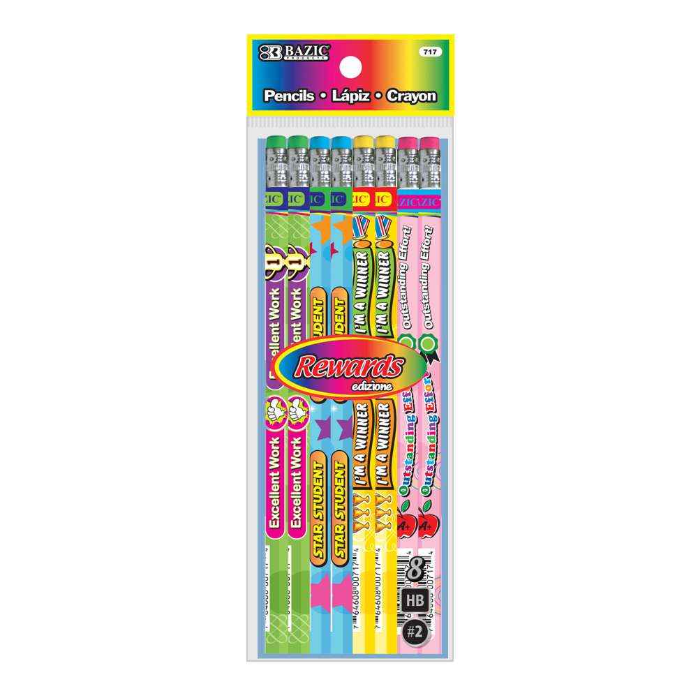 717-BAZIC REWARD & INCENTIVE WOOD PENCILS W/ ERASERS (8/pk)