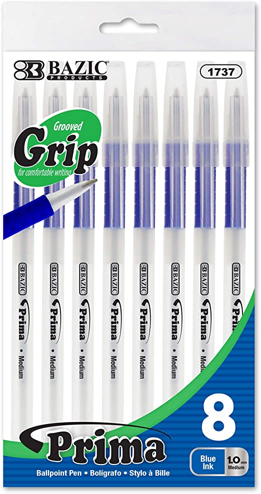 1737-BAZIC PRIMA BLUE STICK PEN W/ CUSHION GRIP (8/PACK) 24/cs