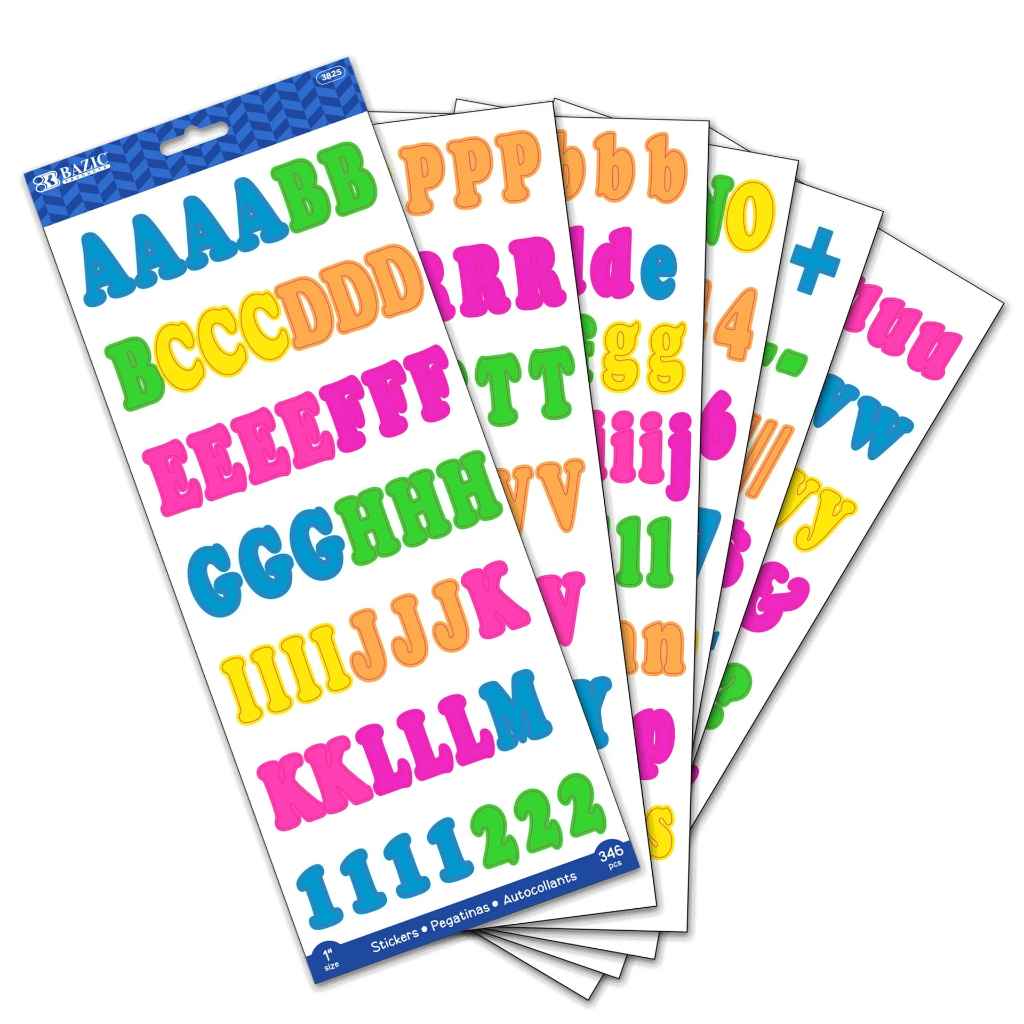 3825-BAZIC 1'' MULTI COLOR ALPHABET STICKERS (6 SHEETS) 24/IC 144/C *