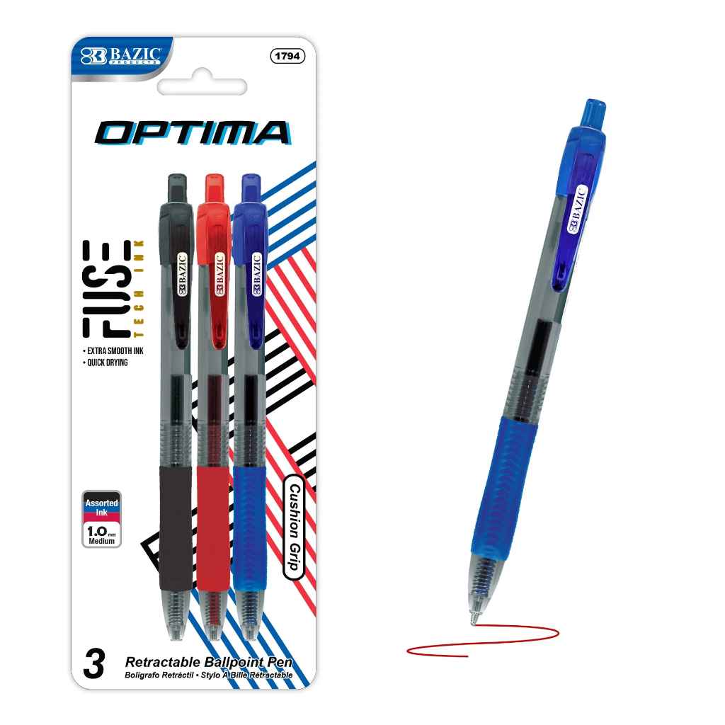 1794-Bazic Optima assorted Color Oil-Gel Ink Retractable Pen W/Grip 24/IC 144/C *