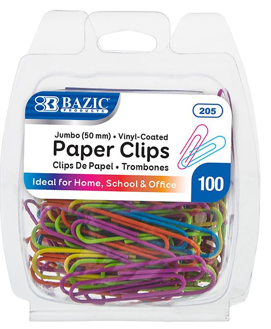 205-BAZIC Jumbo (50mm) Color Paper Clips (100/Pack)